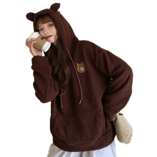 Sudadera con Capucha de Terciopelo de Cordero Grueso Bordada con Osito para Otoño e Invierno Talla Grande