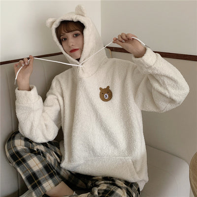 Sudadera con Capucha de Terciopelo de Cordero Grueso Bordada con Osito para Otoño e Invierno Talla Grande - Image 3