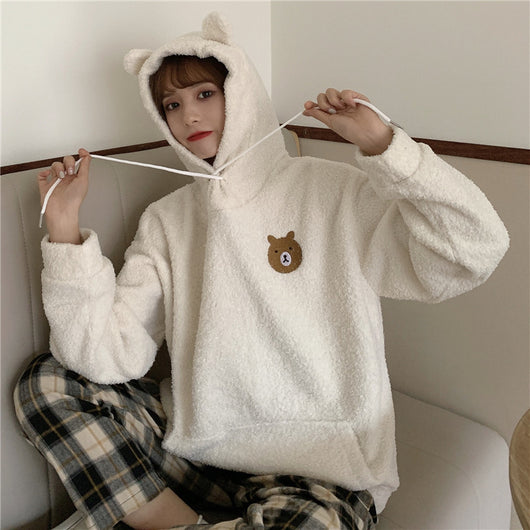 Sudadera con Capucha de Terciopelo de Cordero Grueso Bordada con Osito para Otoño e Invierno Talla Grande - Image 3