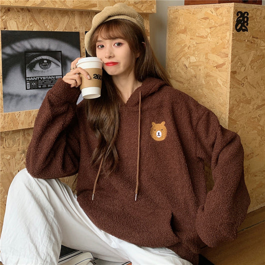 Sudadera con Capucha de Terciopelo de Cordero Grueso Bordada con Osito para Otoño e Invierno Talla Grande - Image 5