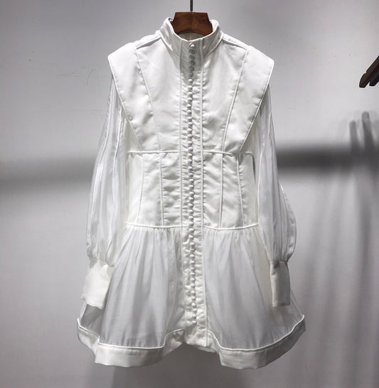 Blusa de Lino Algodón con Cuello Mao y Detalles de Encaje
