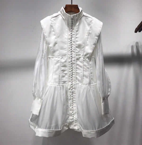 Blusa de Lino Algodón con Cuello Mao y Detalles de Encaje