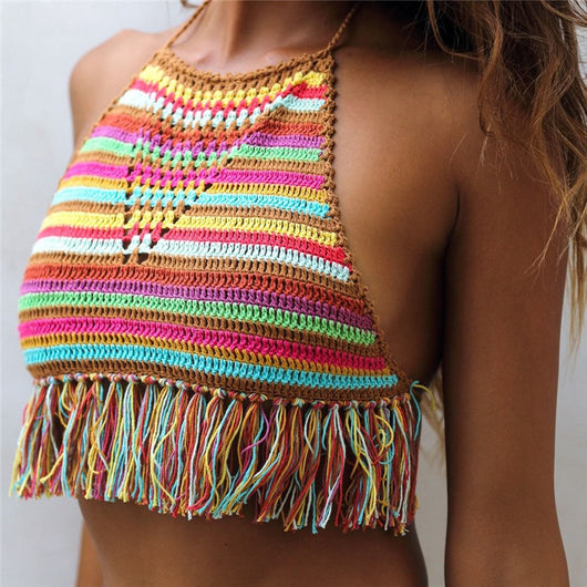 Top de Bikini Tejido a Crochet con Rayas y Borlas - Traje de Baño para Mujer - Image 4