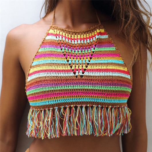 Top de Bikini Tejido a Crochet con Rayas y Borlas - Traje de Baño para Mujer - Image 5