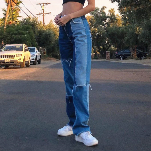 Jeans Talle Alto Rectos con Bordes Crudos y Bloques de Color - Image 15