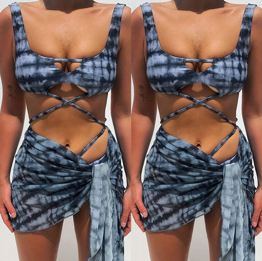 Blue and black tie-dye three-piece bikini set with cross-tie top, matching bottoms, and sheer sarong. - Image 2