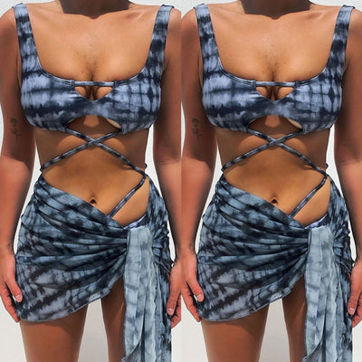 Blue and black tie-dye three-piece bikini set with cross-tie top, matching bottoms, and sheer sarong. - Image 2