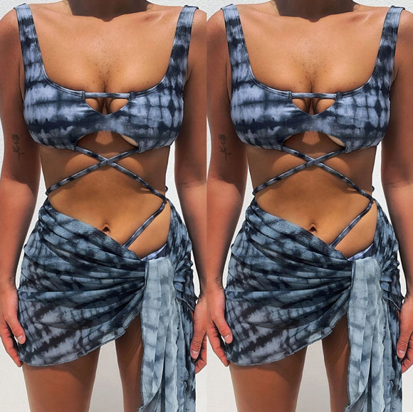 Bikini Triángulo Estampado con Nudo Decorativo y Abertura Lateral