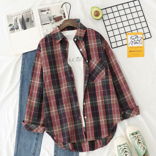 Camisa Cuadros Mujer Estilo Retro Suelta Manga Larga Inspiración Hong Kong - Image 11