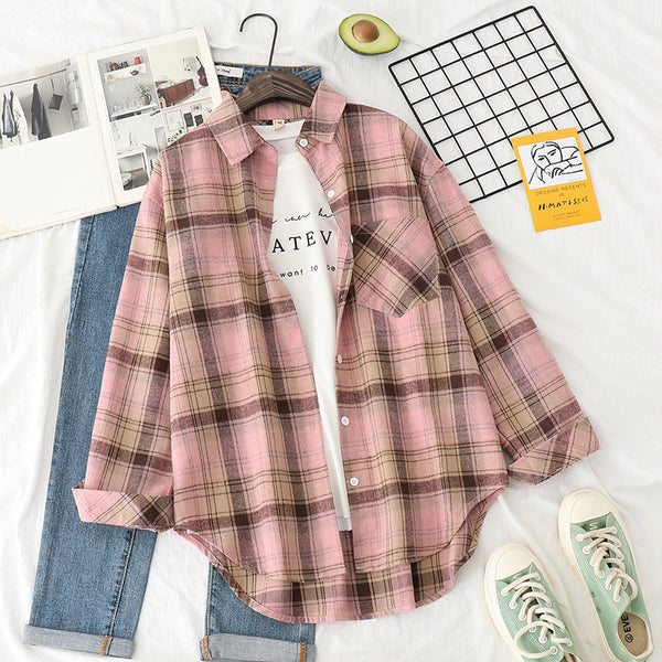 Camisa Cuadros Mujer Estilo Retro Suelta Manga Larga Inspiración Hong Kong