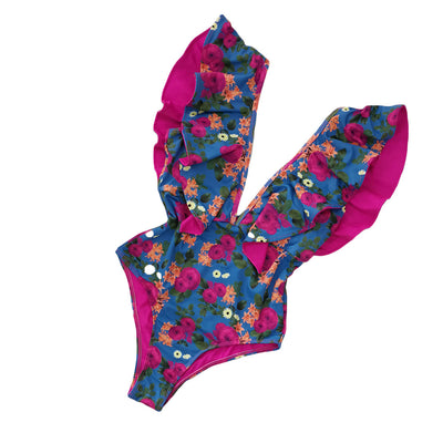 Traje de Baño Enterizo Floral con Volantes y Espalda Descubierta