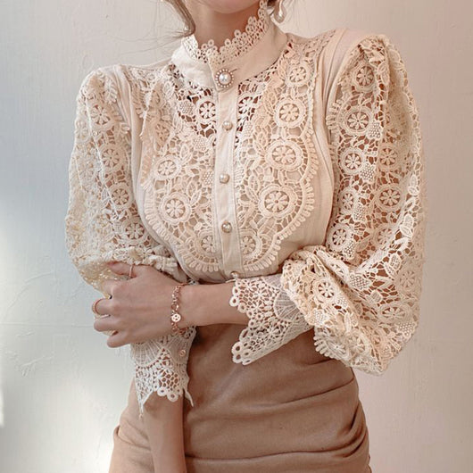Blusa Elegante de Encaje Floral Hueco con Cuello Mao y Mangas Largas - Image 17
