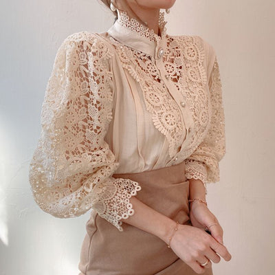 Blusa Elegante de Encaje Floral Hueco con Cuello Mao y Mangas Largas - Image 20