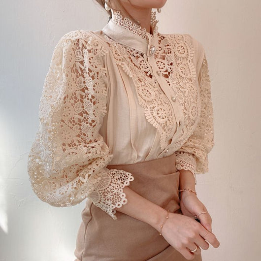 Blusa Elegante de Encaje Floral Hueco con Cuello Mao y Mangas Largas - Image 20