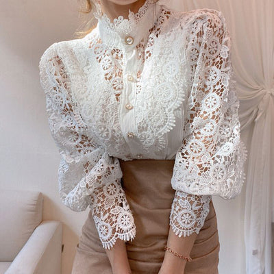 Blusa Elegante de Encaje Floral Hueco con Cuello Mao y Mangas Largas - Image 23