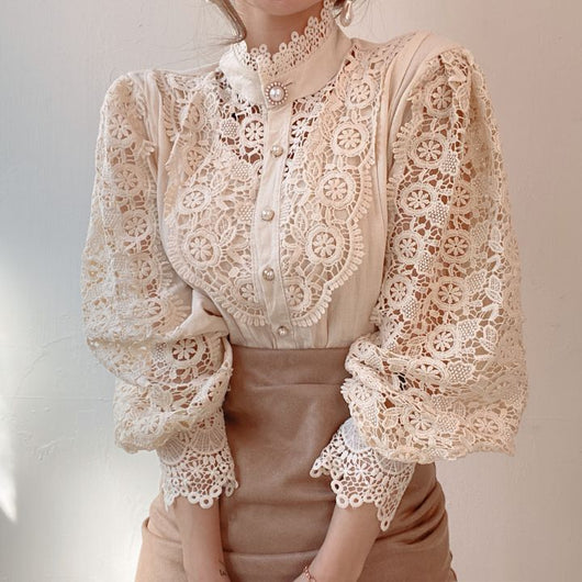 Blusa Elegante de Encaje Floral Hueco con Cuello Mao y Mangas Largas - Image 21