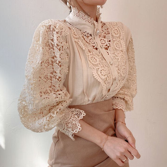 Blusa Elegante de Encaje Floral Hueco con Cuello Mao y Mangas Largas