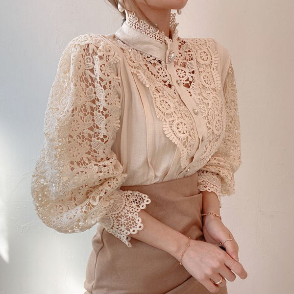 Blusa Elegante de Encaje Floral Hueco con Cuello Mao y Mangas Largas