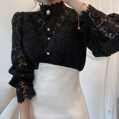 Blusa Elegante de Encaje Floral Hueco con Cuello Mao y Mangas Largas - Image 2