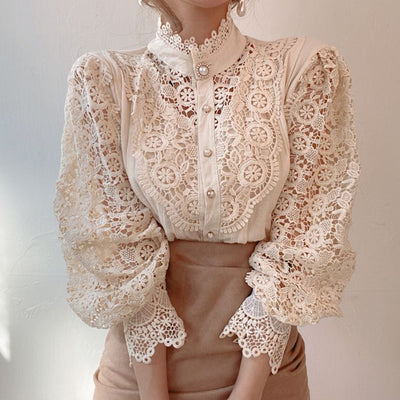 Blusa Elegante de Encaje Floral Hueco con Cuello Mao y Mangas Largas - Image 9