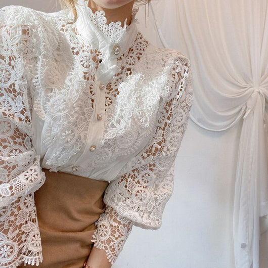 Blusa Elegante de Encaje Floral Hueco con Cuello Mao y Mangas Largas - Image 7