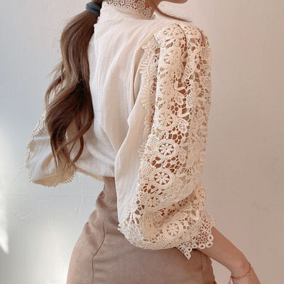 Blusa Elegante de Encaje Floral Hueco con Cuello Mao y Mangas Largas - Image 11