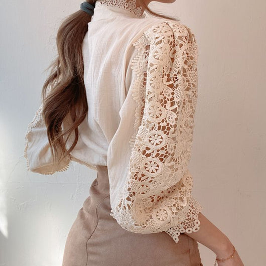 Blusa Elegante de Encaje Floral Hueco con Cuello Mao y Mangas Largas - Image 11