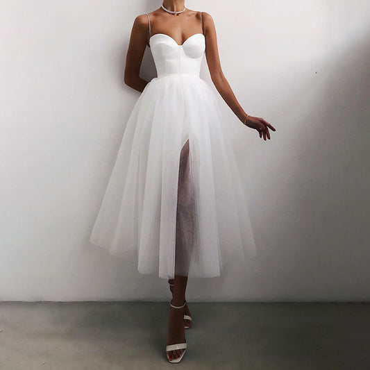 Vestido Retro Tipo Tubo Mesh Monocolor con Tirantes - Estilo Europeo