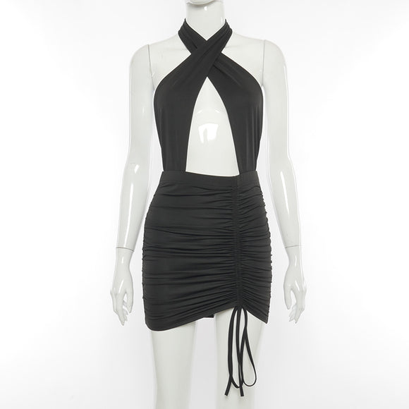 Vestido Halter sin Mangas Abierto en la Espalda con Cordón Ajustable