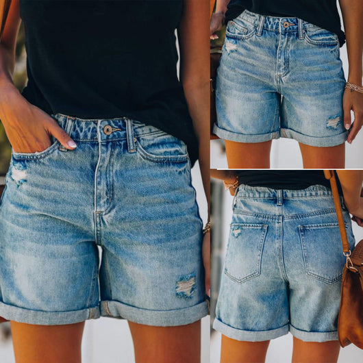 Shorts de Mezclilla Rotos y Delavados para Mujer - Estilo Europeo y Americano