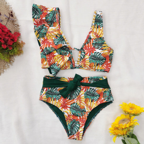 Bikini Asimétrico de Cintura Alta con Volantes