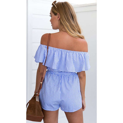 Jumpsuit Marinero Sexy Hombros Descubiertos Rayas Azul y Blanco - Image 3