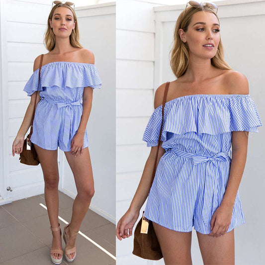Jumpsuit Marinero Sexy Hombros Descubiertos Rayas Azul y Blanco - Image 2