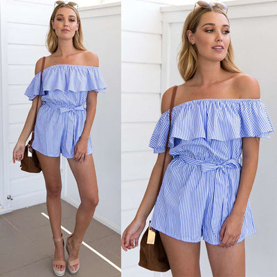 Jumpsuit Marinero Sexy Hombros Descubiertos Rayas Azul y Blanco - Image 2