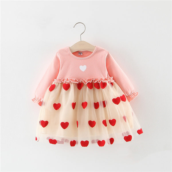 Vestido Niña Encaje Mesh Bicolor Mangas Largas Efecto Capas