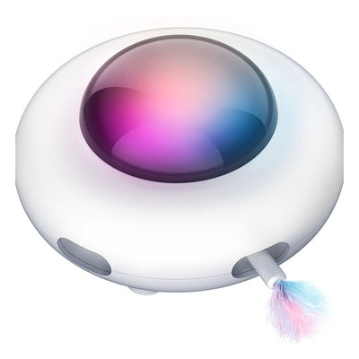 White UFO electric cat toy with a colorful glowing dome and a pastel feather attachment. - Image 5