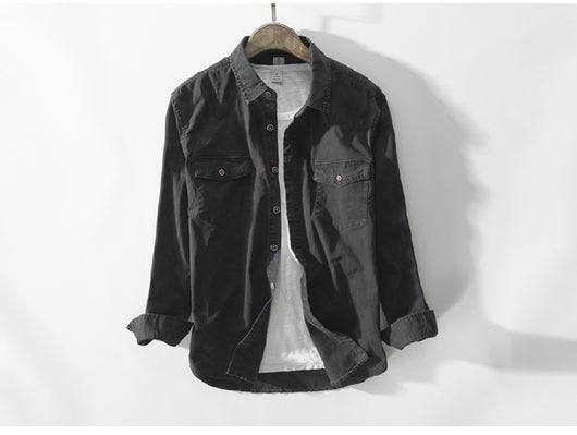 Camisa de Algodón Puro Manga Larga Estilo Coreano Verde Militar Slim Fit Hombre - Image 10