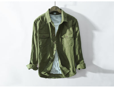 Camisa de Algodón Puro Manga Larga Estilo Coreano Verde Militar Slim Fit Hombre - Image 11
