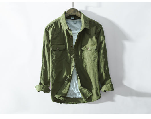 Camisa de Algodón Puro Manga Larga Estilo Coreano Verde Militar Slim Fit Hombre - Image 3