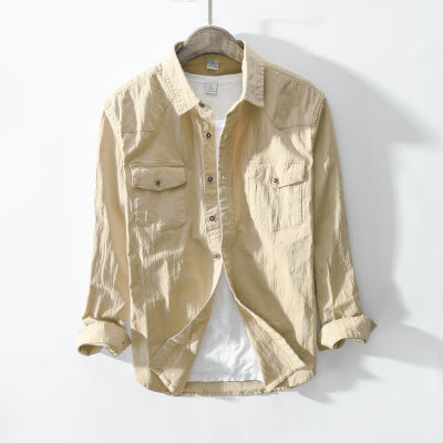 Camisa de Algodón Puro Manga Larga Estilo Coreano Verde Militar Slim Fit Hombre