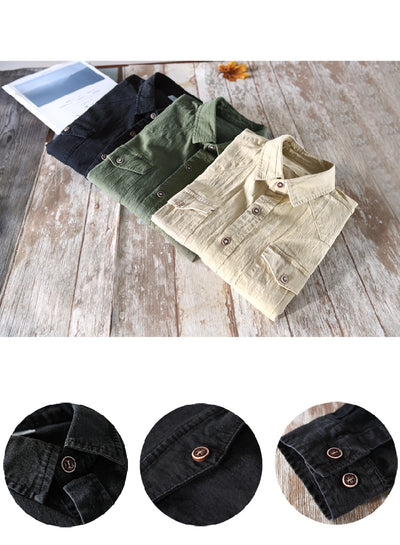 Camisa de Algodón Puro Manga Larga Estilo Coreano Verde Militar Slim Fit Hombre - Image 5