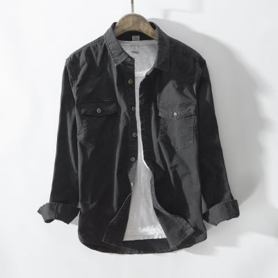 Camisa de Algodón Puro Manga Larga Estilo Coreano Verde Militar Slim Fit Hombre
