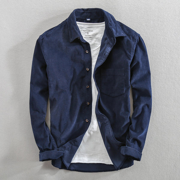 Camisa Casual de Pana Japonesa Retro Algodón Desteñido Hombre