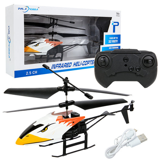 White and black remote control helicopter toy with shark graphics, remote control, and USB charging cable. - Image 12