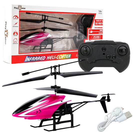 White and black remote control helicopter toy with shark graphics, remote control, and USB charging cable.