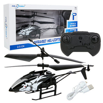 White and black remote control helicopter toy with shark graphics, remote control, and USB charging cable. - Image 2