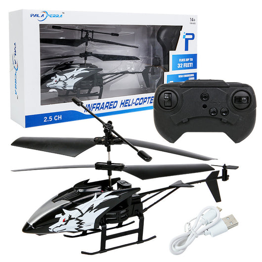 White and black remote control helicopter toy with shark graphics, remote control, and USB charging cable. - Image 2