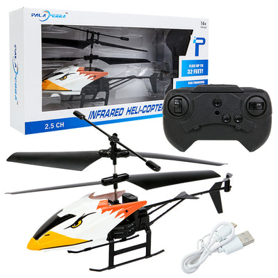 White and black remote control helicopter toy with shark graphics, remote control, and USB charging cable. - Image 6