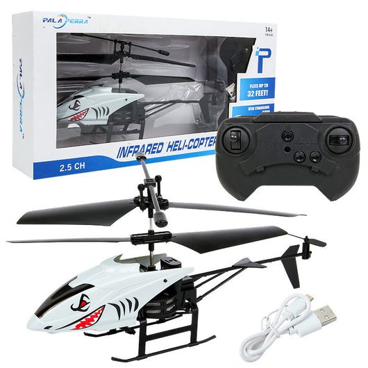 White and black remote control helicopter toy with shark graphics, remote control, and USB charging cable. - Image 4