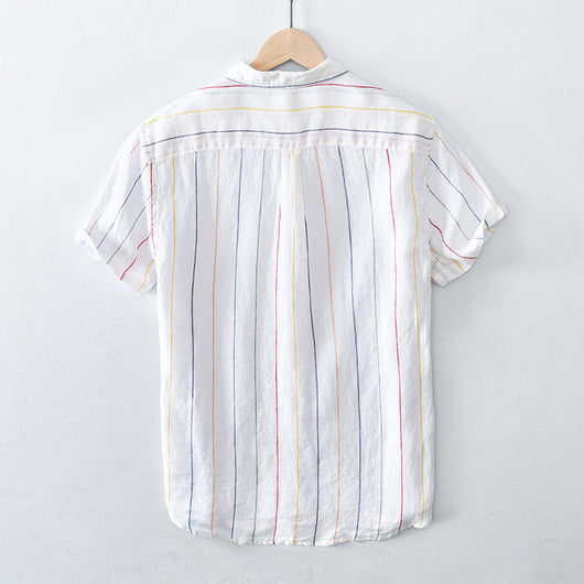 Camisa de Lino a Rayas para Hombre - Manga Corta Casual - Image 9